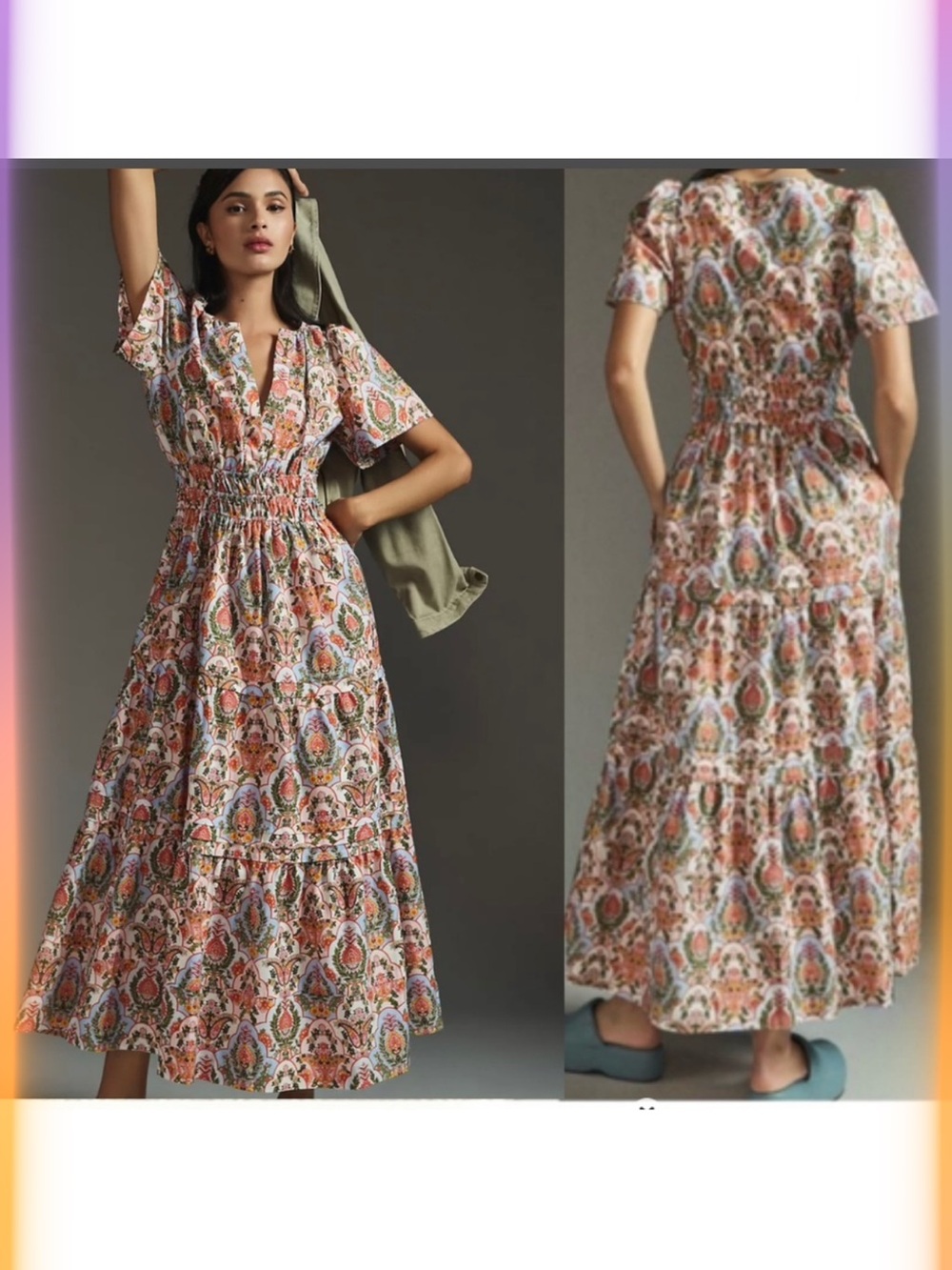 Anthropologie Coral & Cream Paisley Tiered Maxi Dress size m